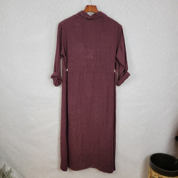 VTG Subtle Tones Linen Shirt Dress Womens S/M Purple Button Front Lagenlook Maxi - Picture 3 of 14